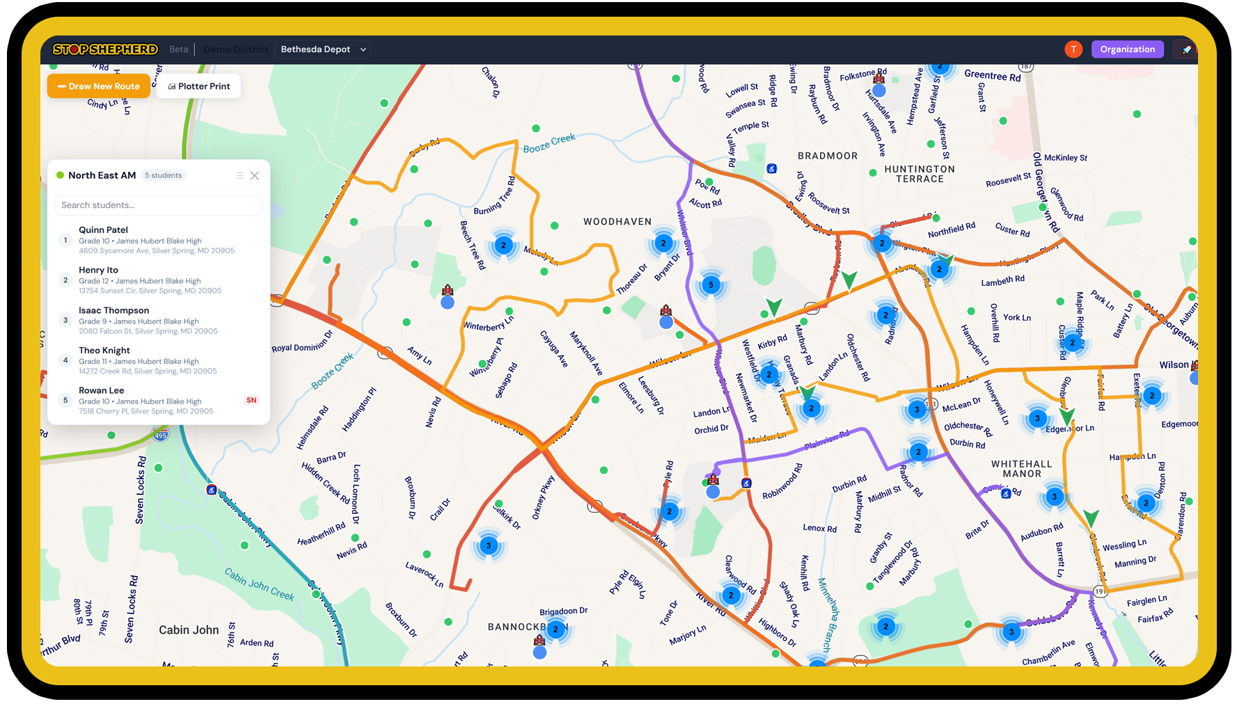 StopShepherd route overview showing multiple bus routes on an interactive map